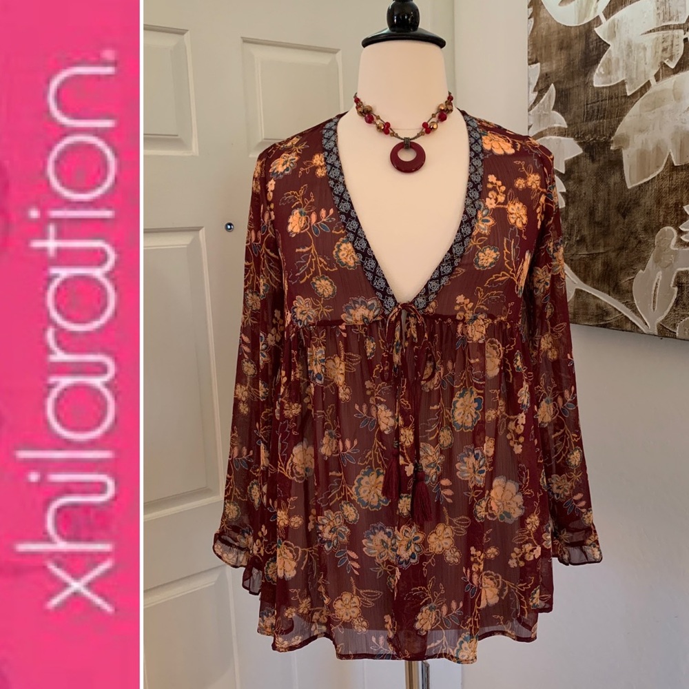 Xhilaration Burgundy Floral Boho Cardigan